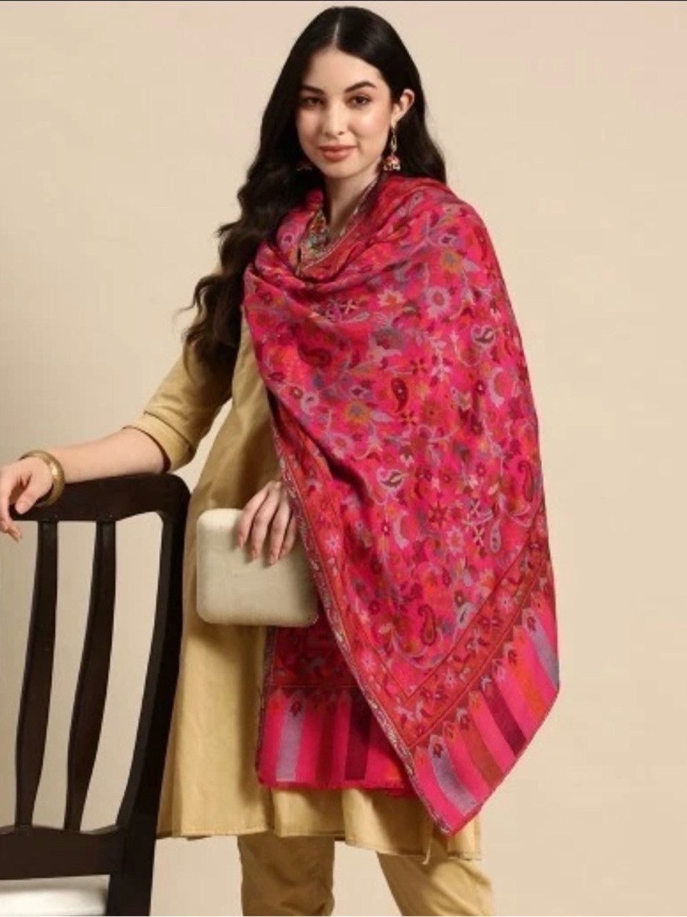 Women’s floral paisley Indian scarf handmade wool silk large shawl